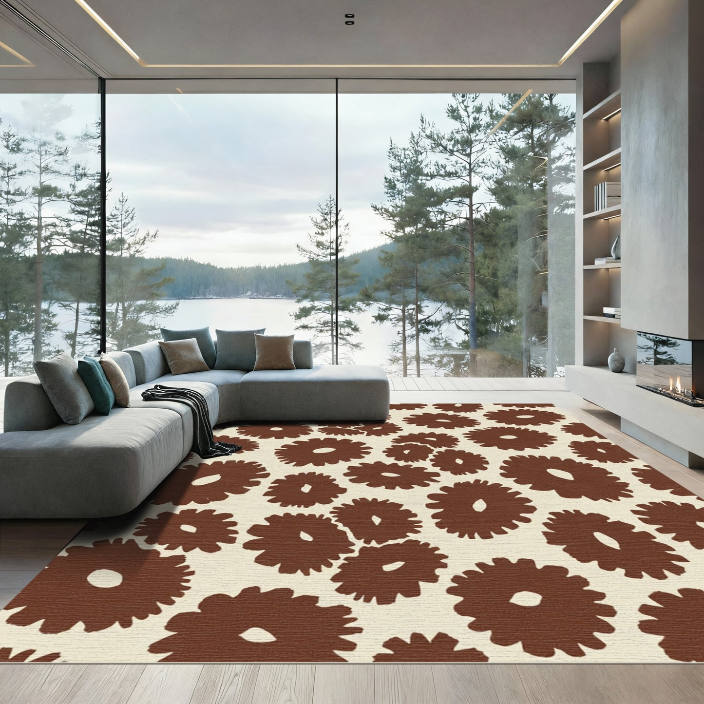Brown Abstract Floral Scatter Rug