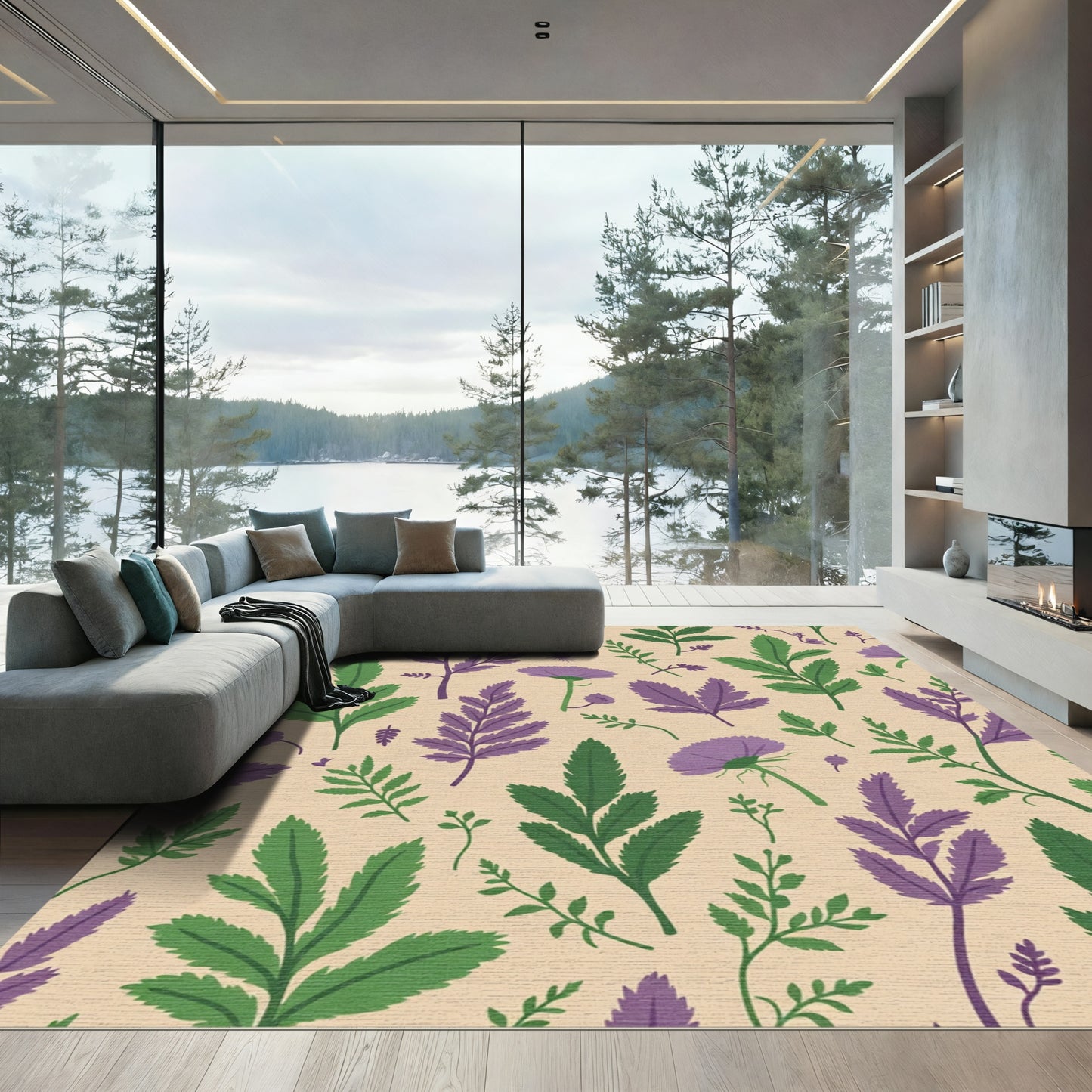 Purple Green Botanical Floral Medley Rug