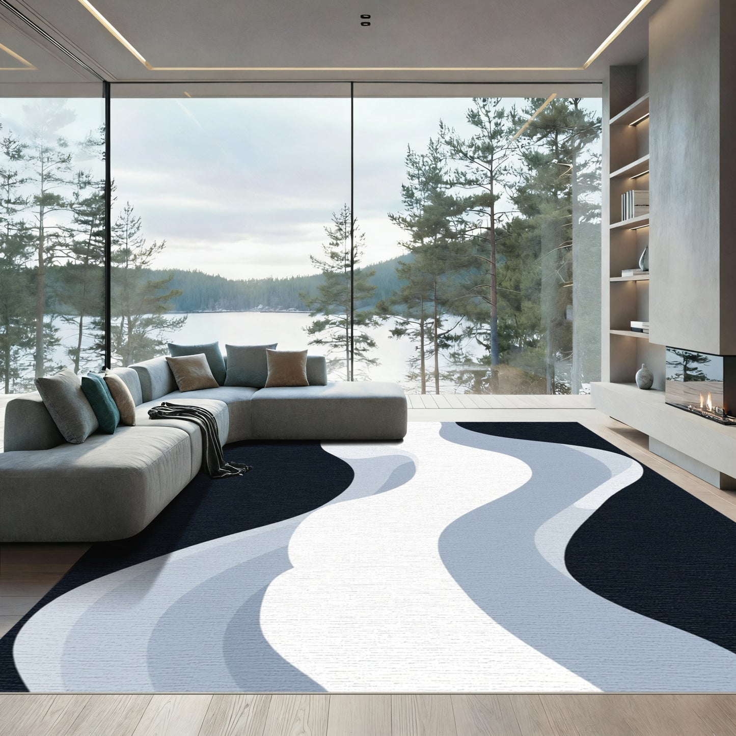 Abstract White Blue Wave Flow Rug