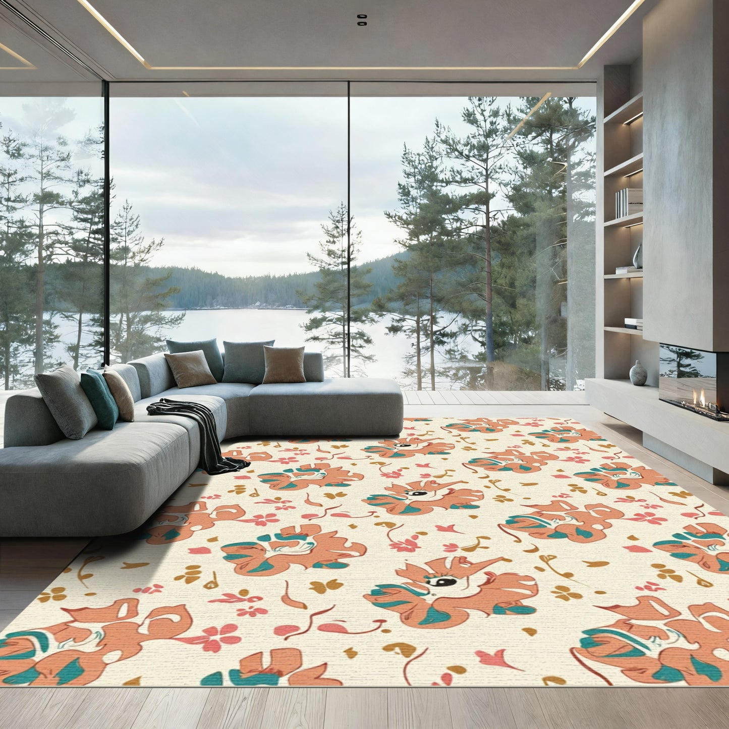Coral Teal Floral Creatures Whimsical Rug