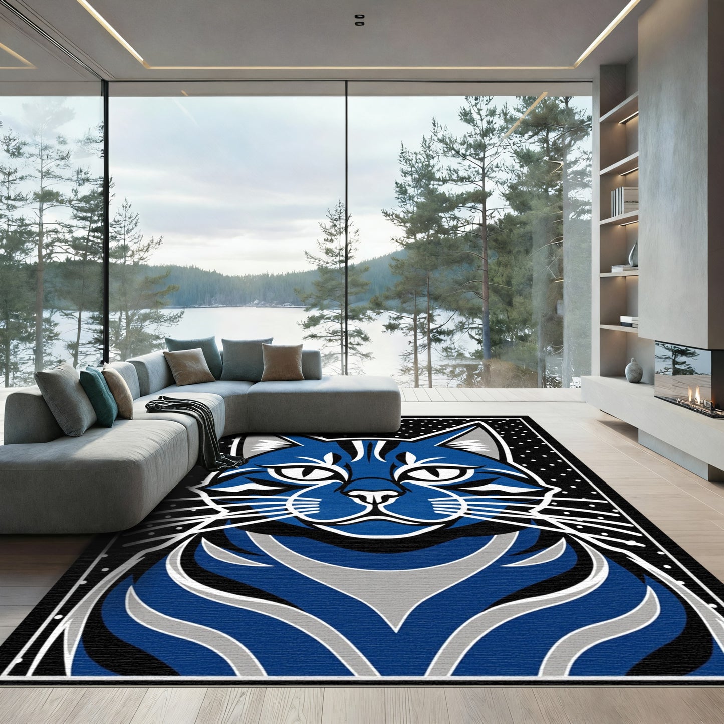 Bold Blue Whimsical Feline Dots Rug