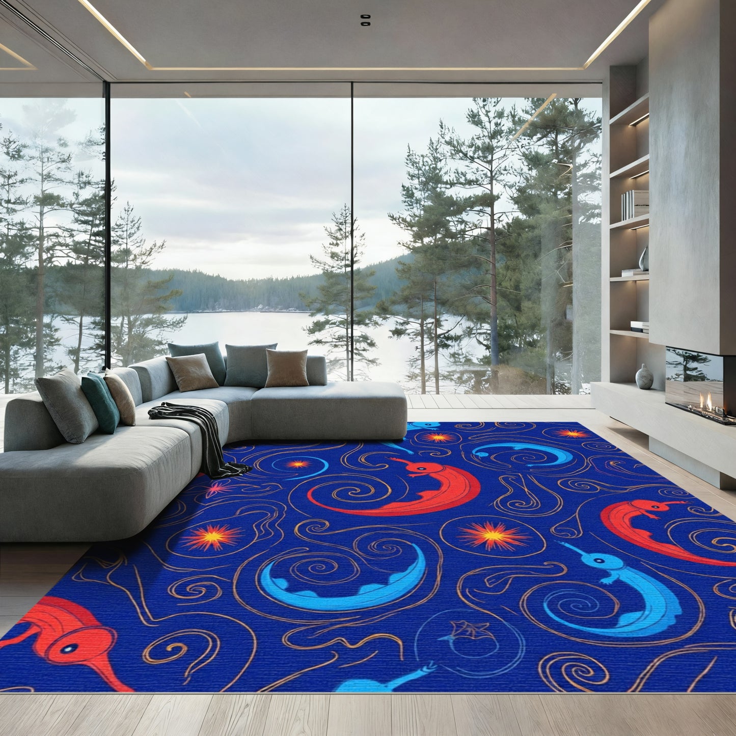 Whimsical Blue Red Creatures Swirls Rug