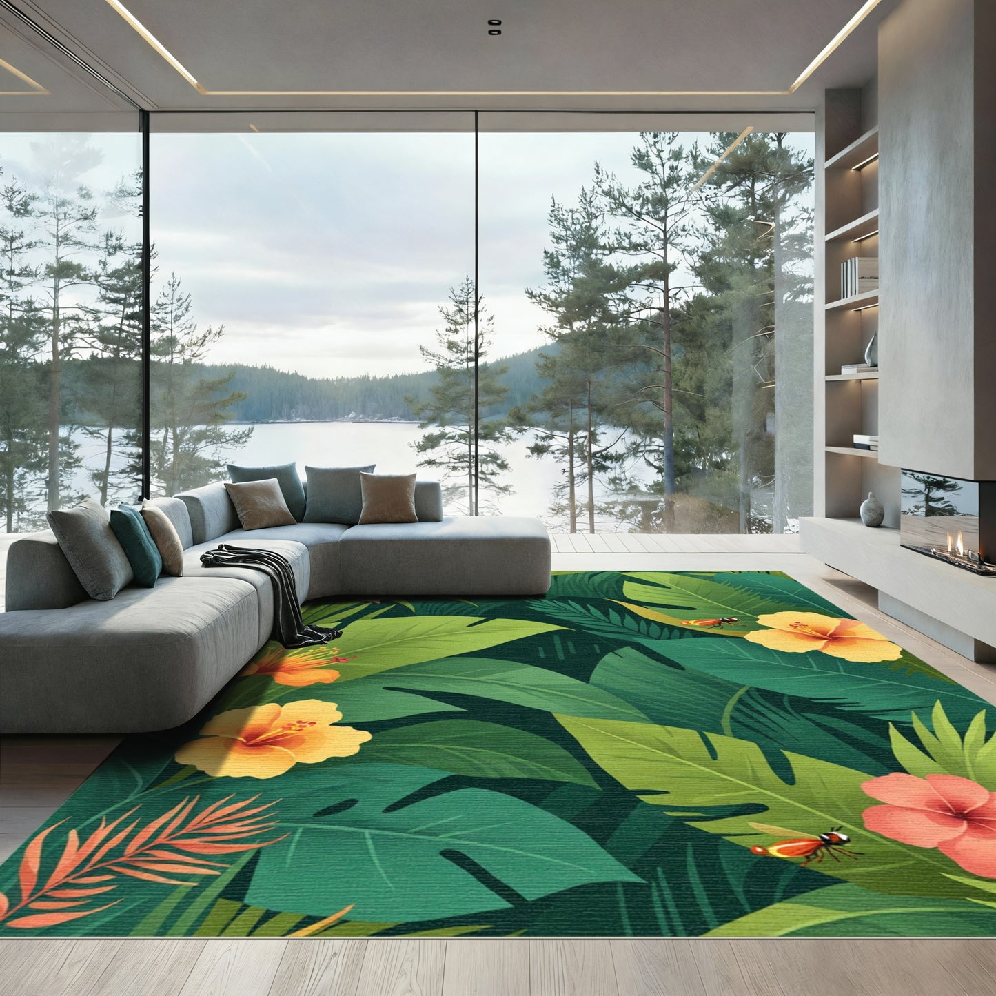 Vibrant Hibiscus Tropical Foliage Scene Rug