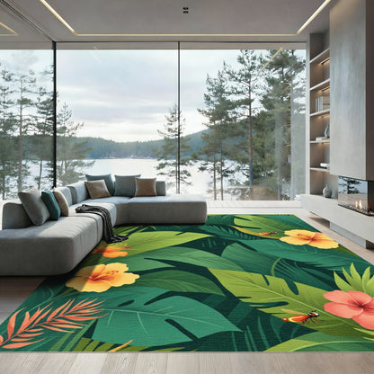 Vibrant Hibiscus Tropical Foliage Scene Rug