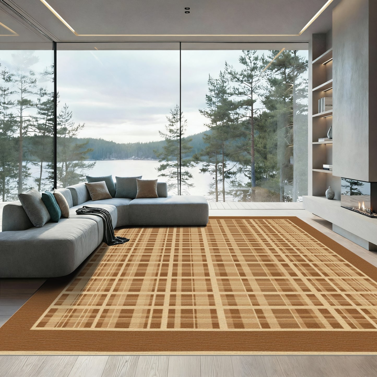 Warm Brown Plaid Window Pane Rug