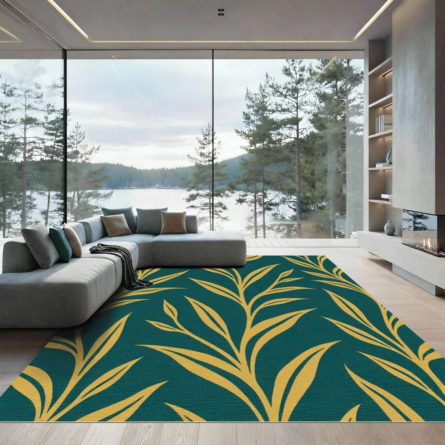 Golden Foliage on Teal Background Rug
