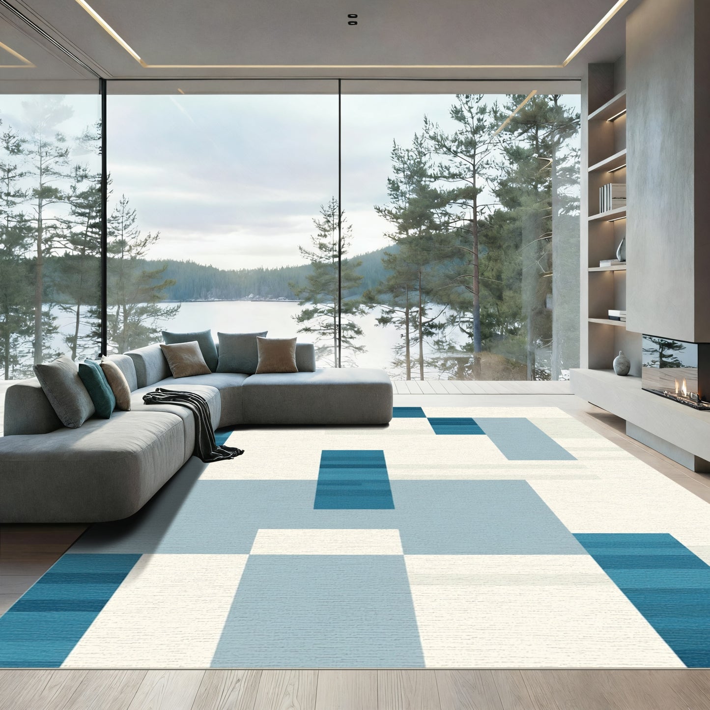 Modern Blue Geometric Block Rug