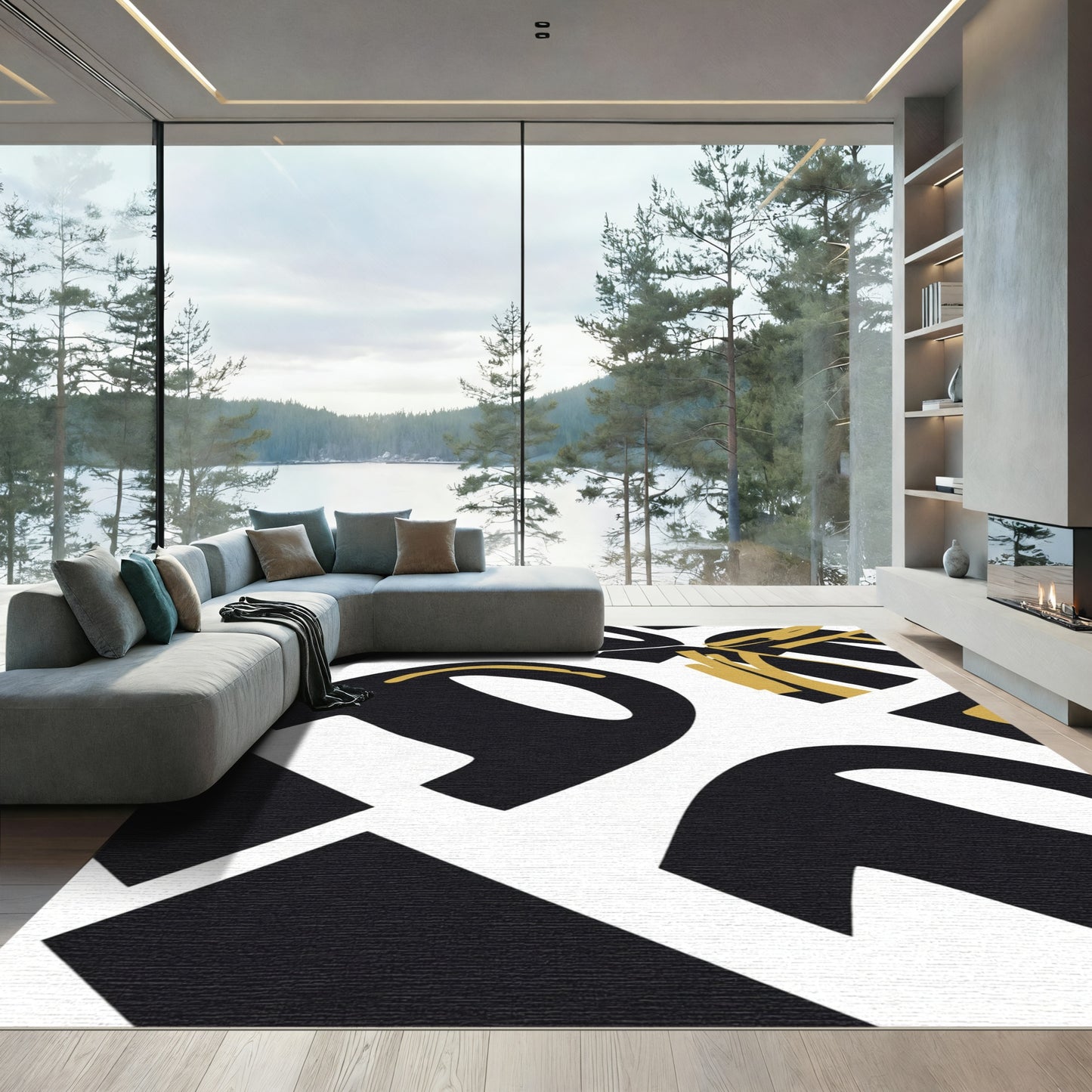 Abstract Black Gold Flow Rug