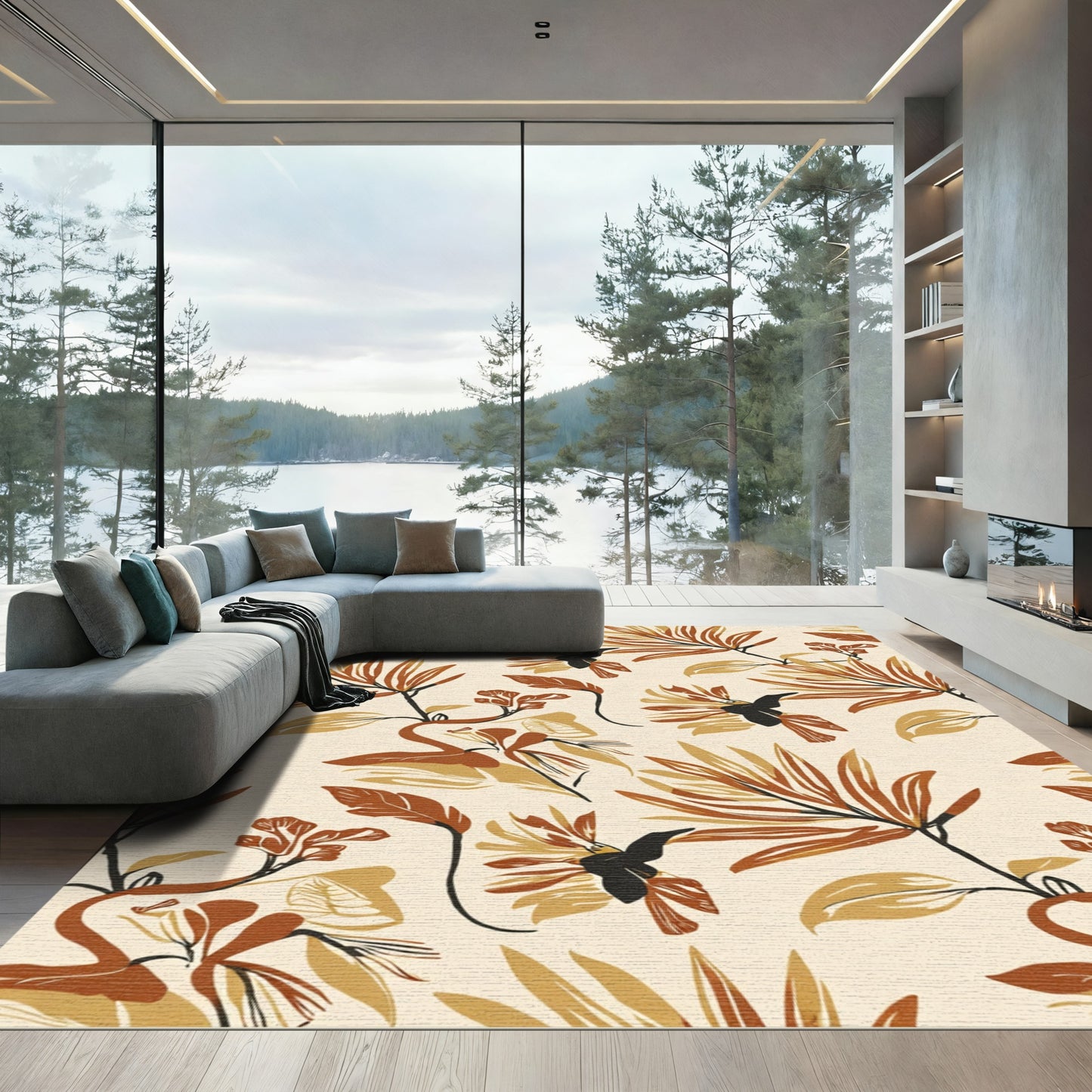 Earthy Autumn Floral Bird Swirl Rug