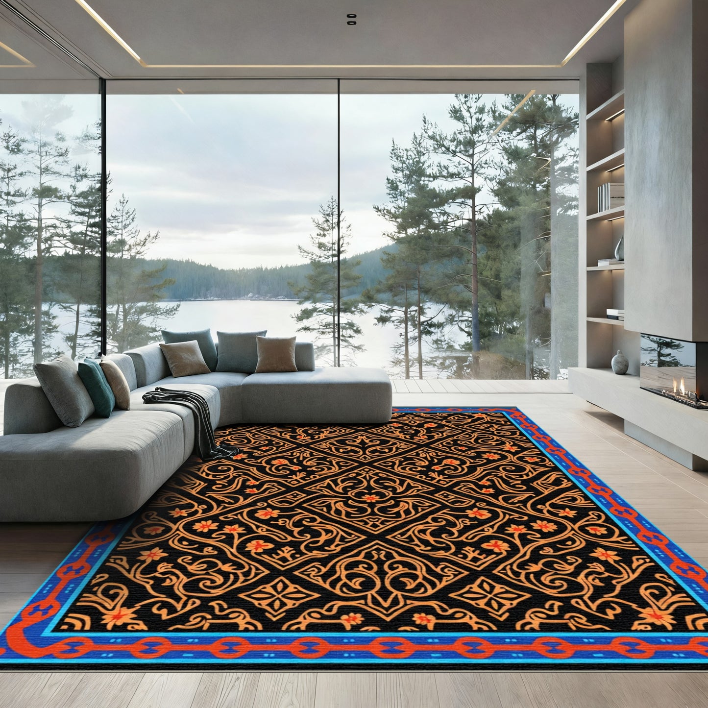 Black Orange Floral Medallion Border Rug