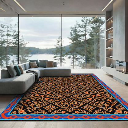 Black Orange Floral Medallion Border Rug