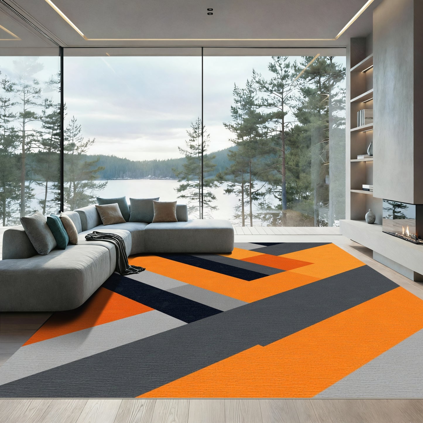 Modern Orange Gray Slate Angular Rug