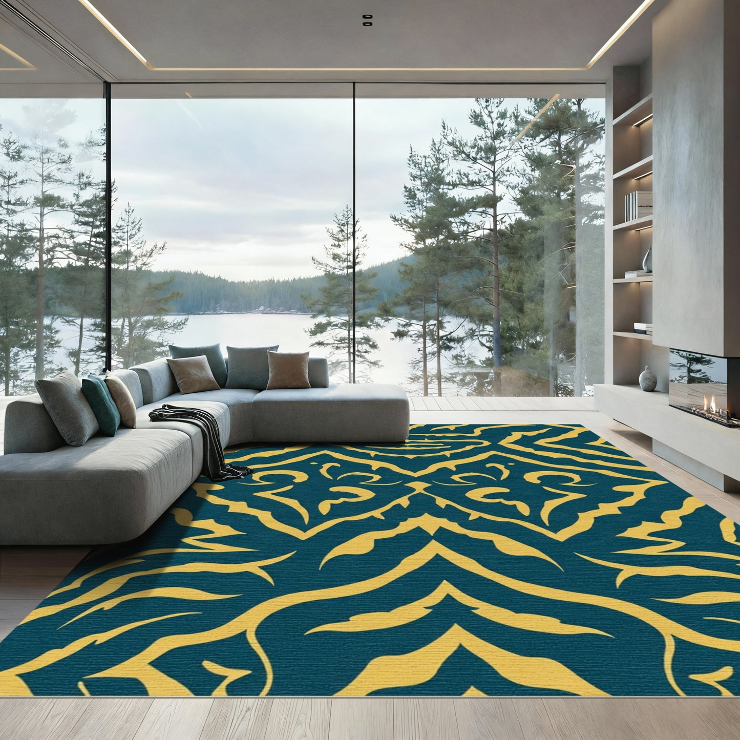 Teal Yellow Exotic Organic Curves Rug