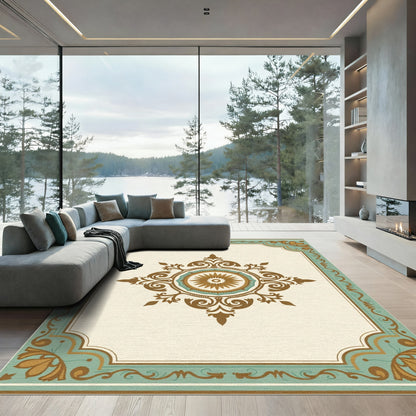 Brown Teal Sunburst Medallion Frame Rug
