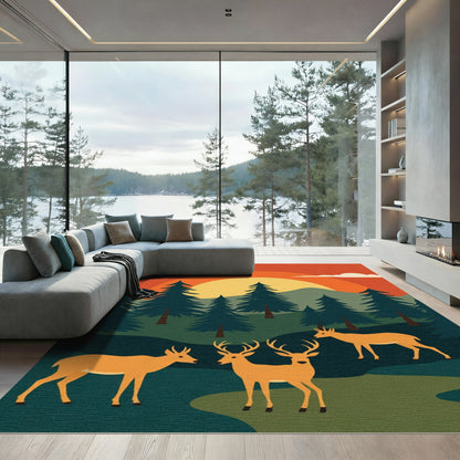Golden Deer Forest Sunset Scene Rug