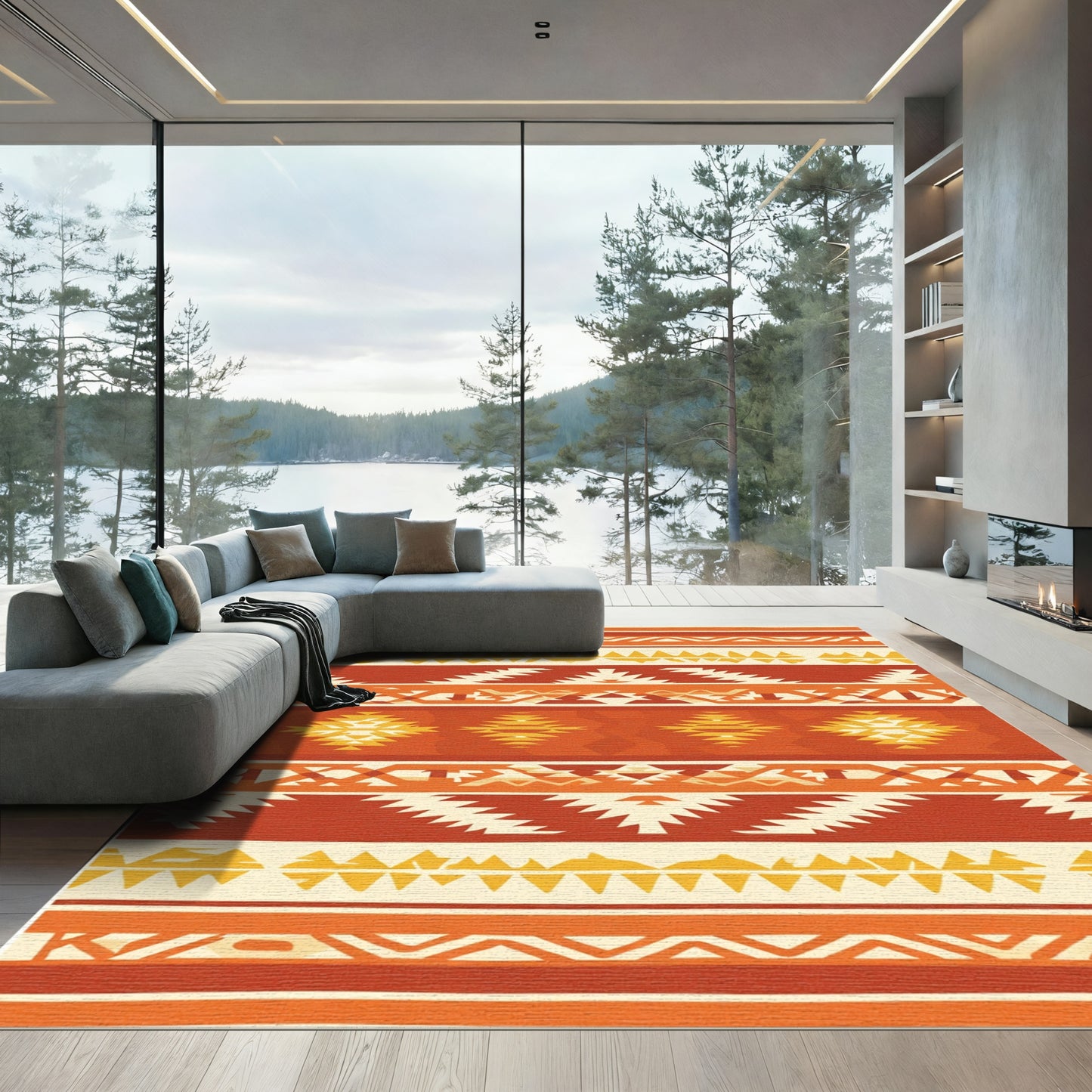 Rustic Earthy Red Geometric Bands Rug