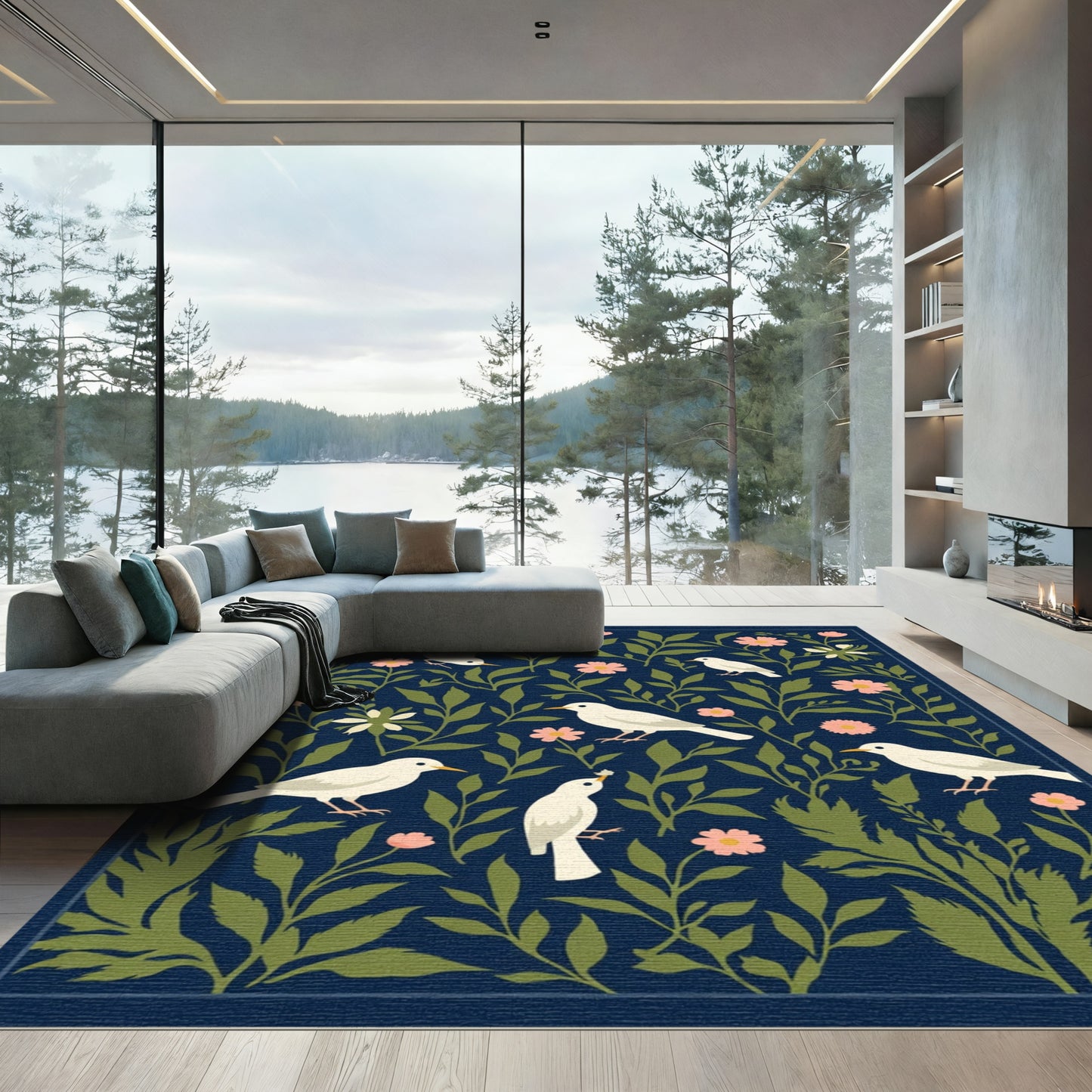 Charming White Birds Pink Floral Navy Rug