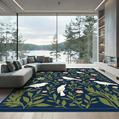 Charming White Birds Pink Floral Navy Rug