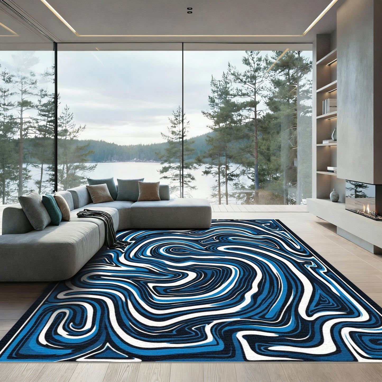 Abstract Blue Swirl Marble Rug