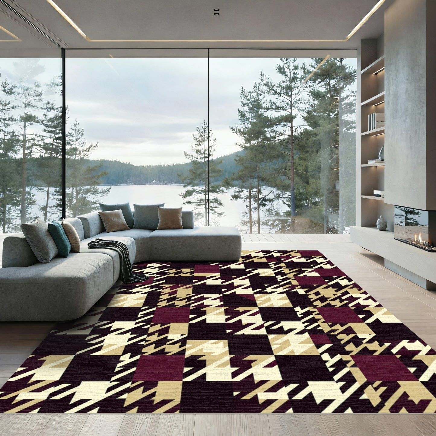Deep Burgundy Houndstooth Squares Rug