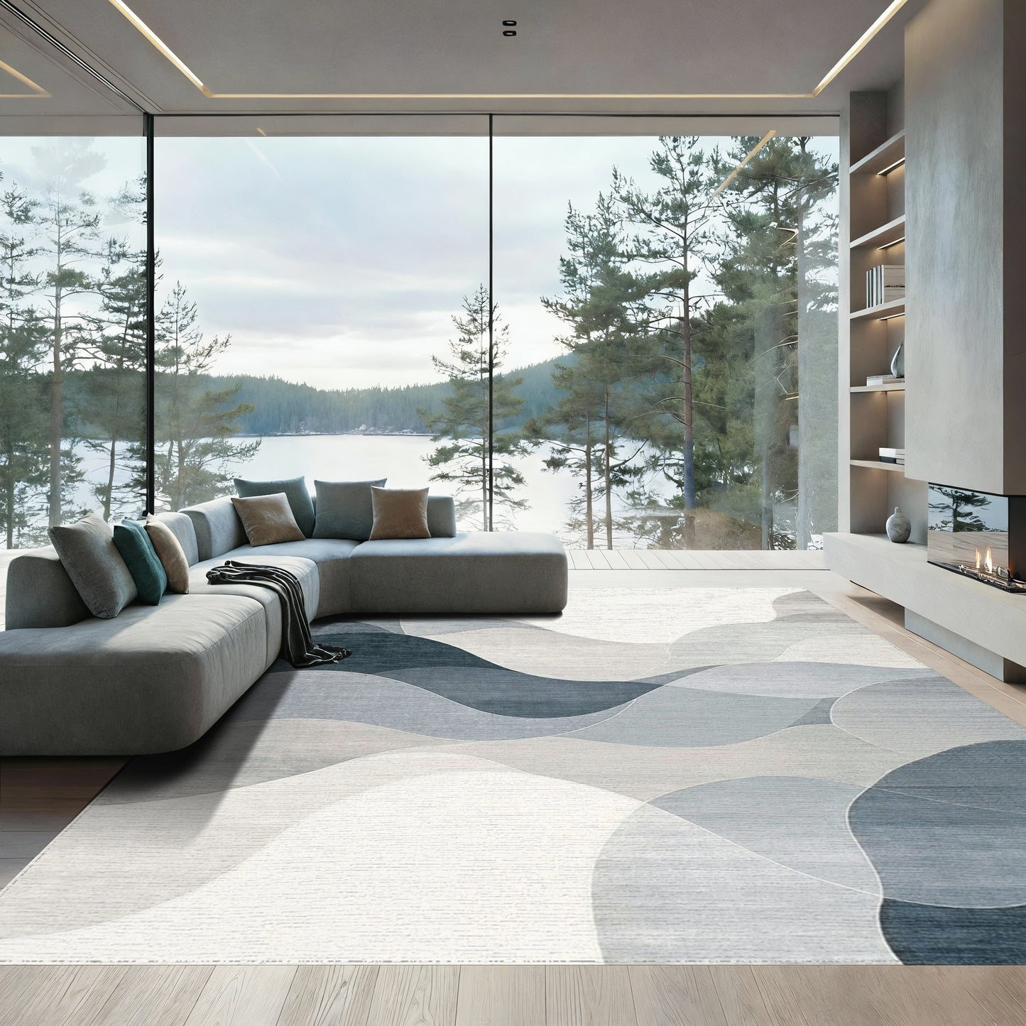 Abstract Layered Gray Waves Rug
