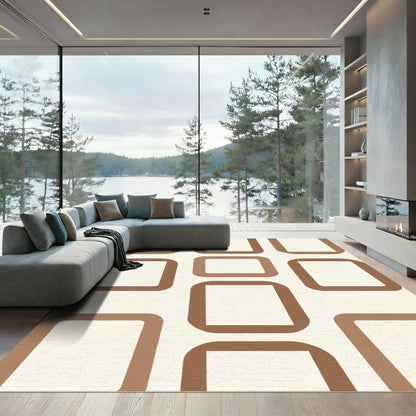 Cream Brown Rounded Square Grid Rug