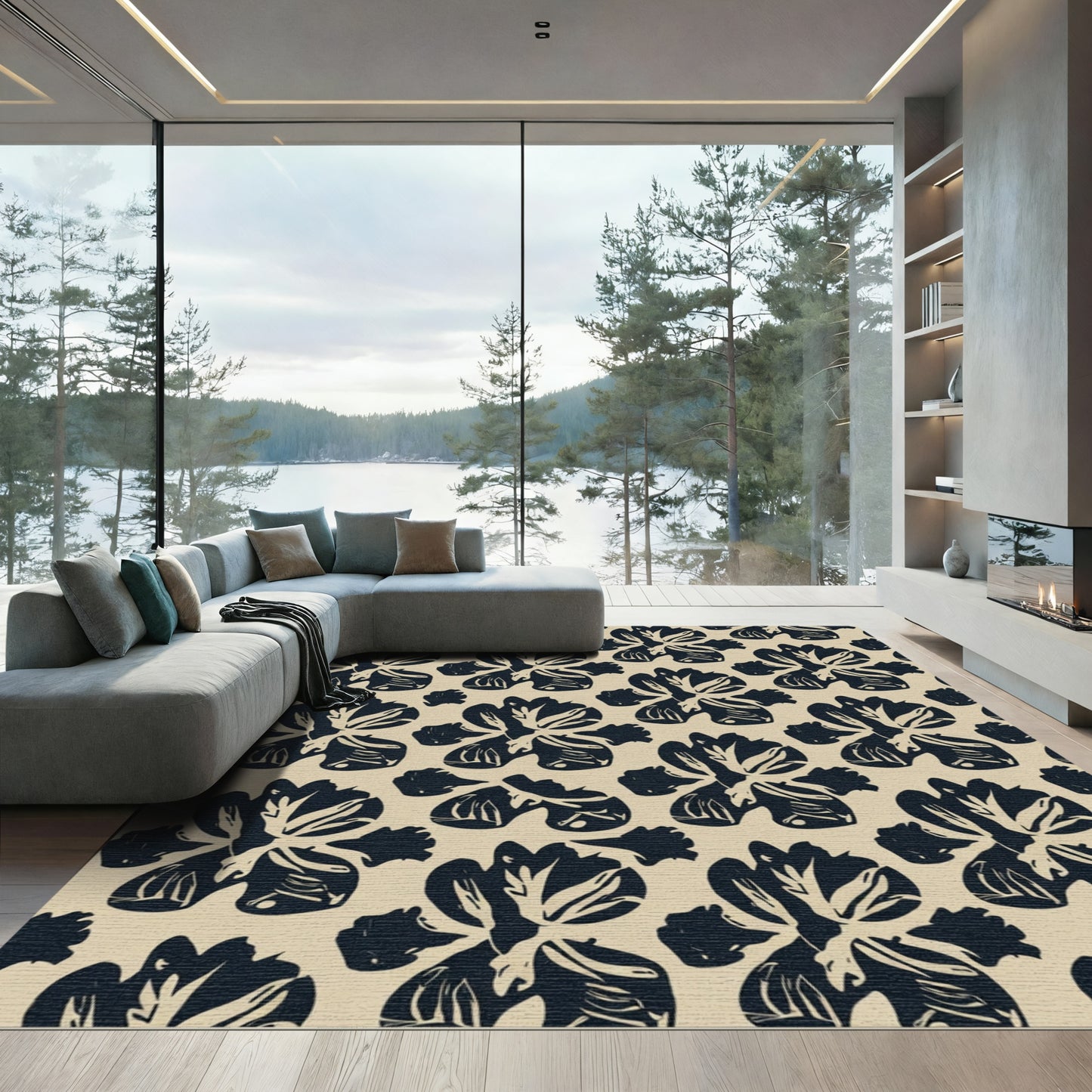 Bold Navy Iris Flower Pattern Rug