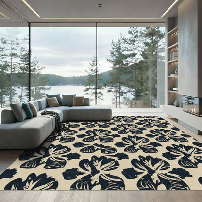 Bold Navy Iris Flower Pattern Rug