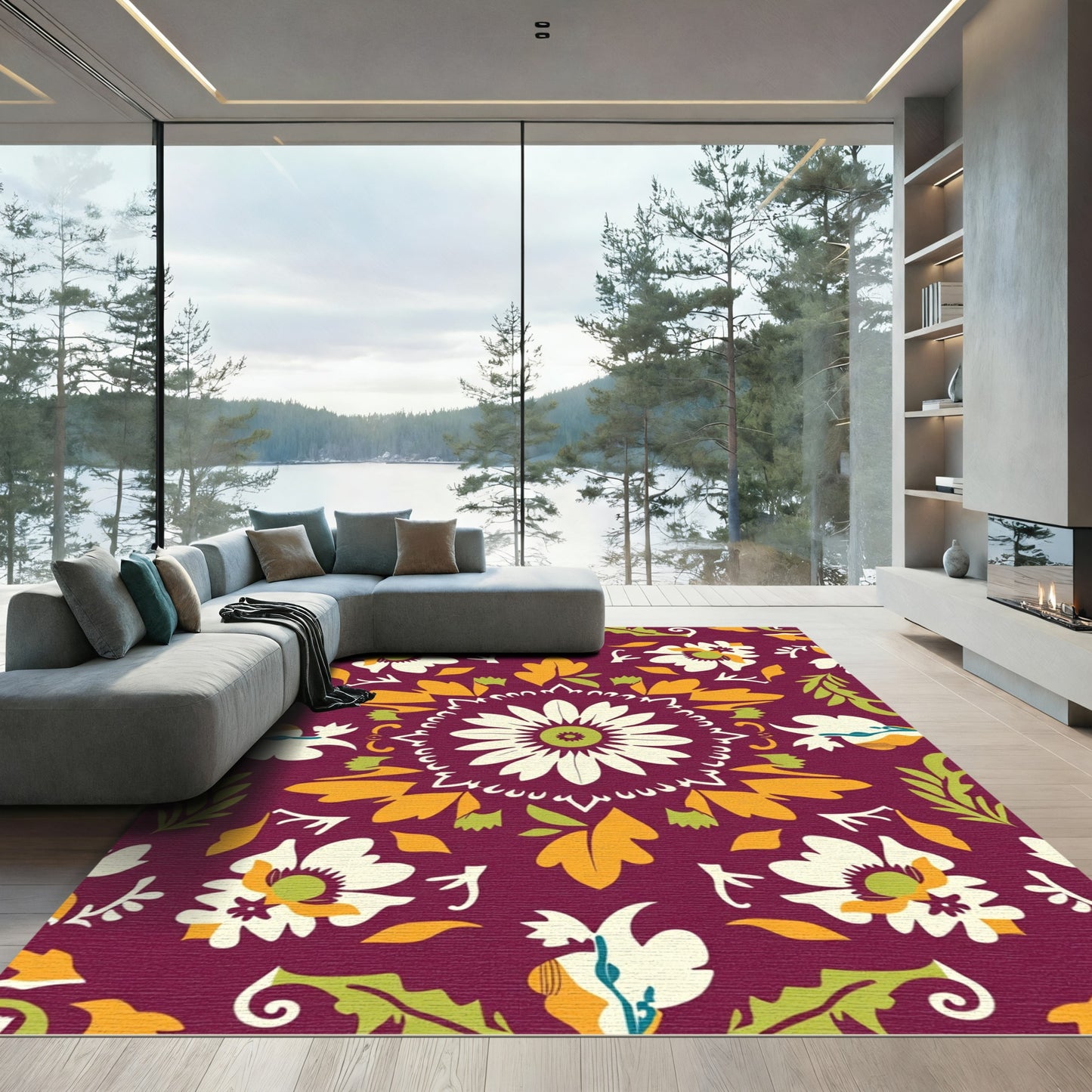 Crimson Floral Garden Medallion Rug