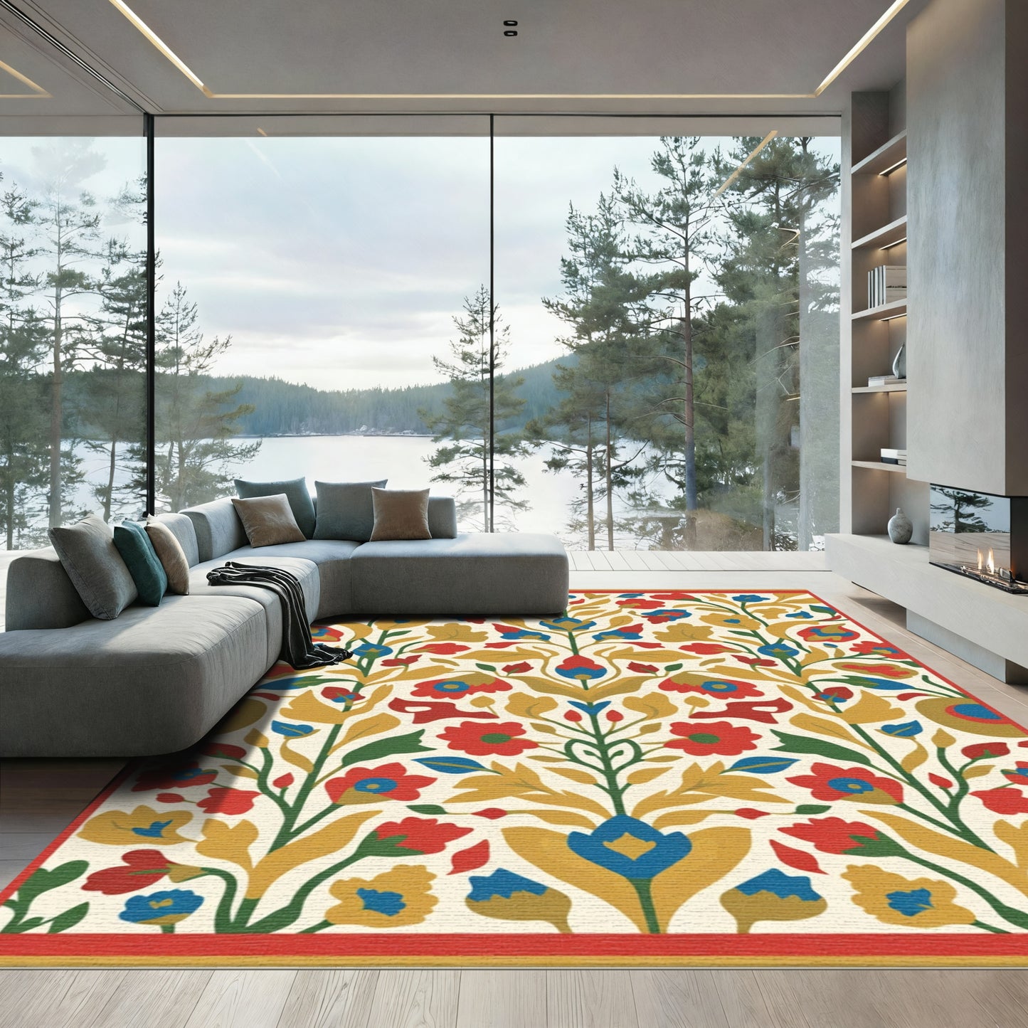 Rich Red Blue Floral Symmetry Rug