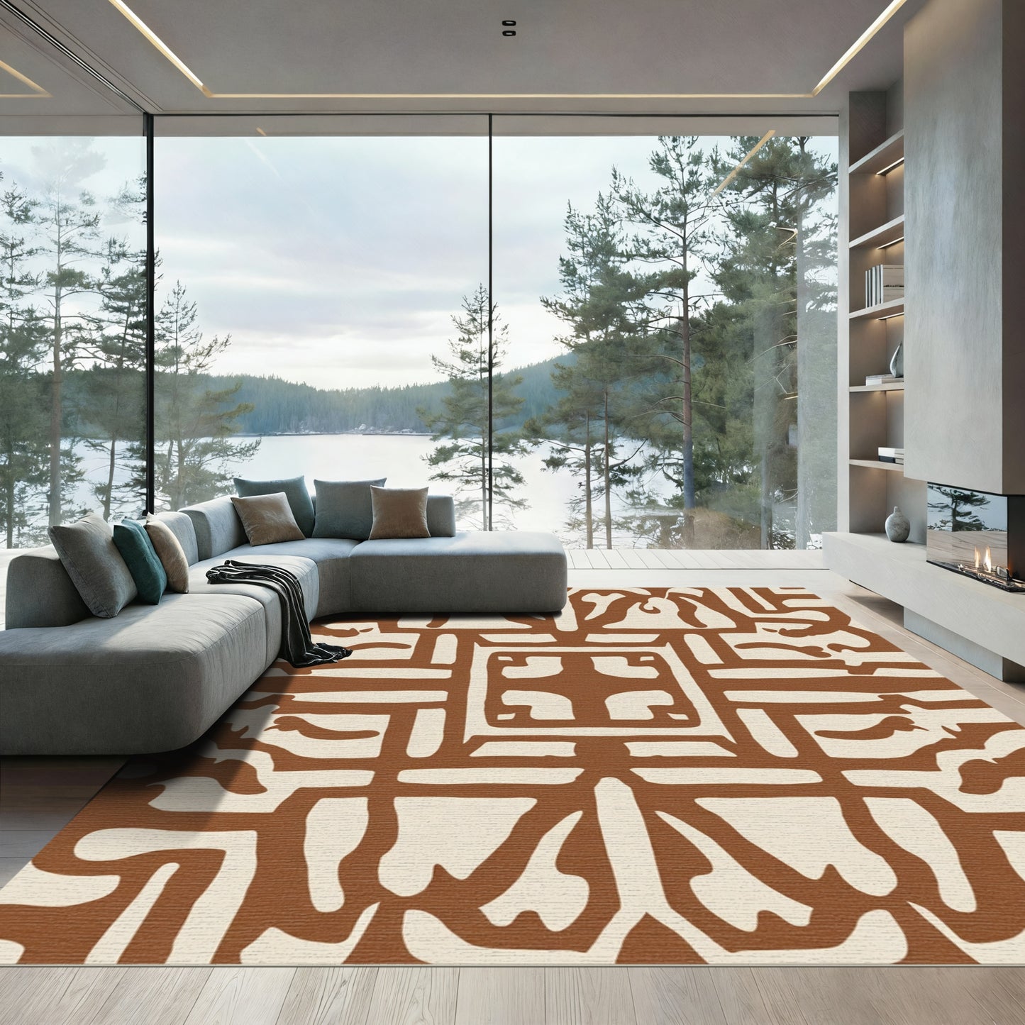 Brown Cream Abstract Organic Shapes Rug
