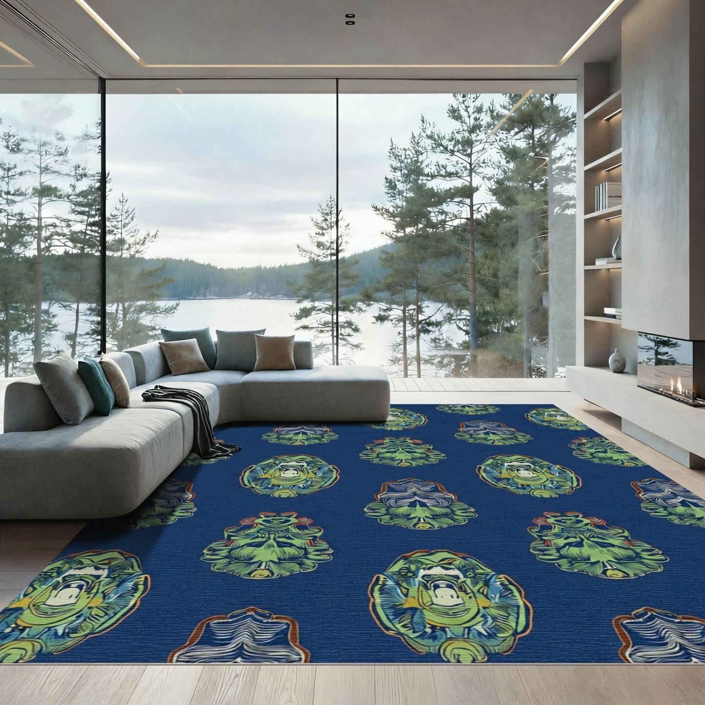 Navy Cobalt Green Heraldic Crest Rug