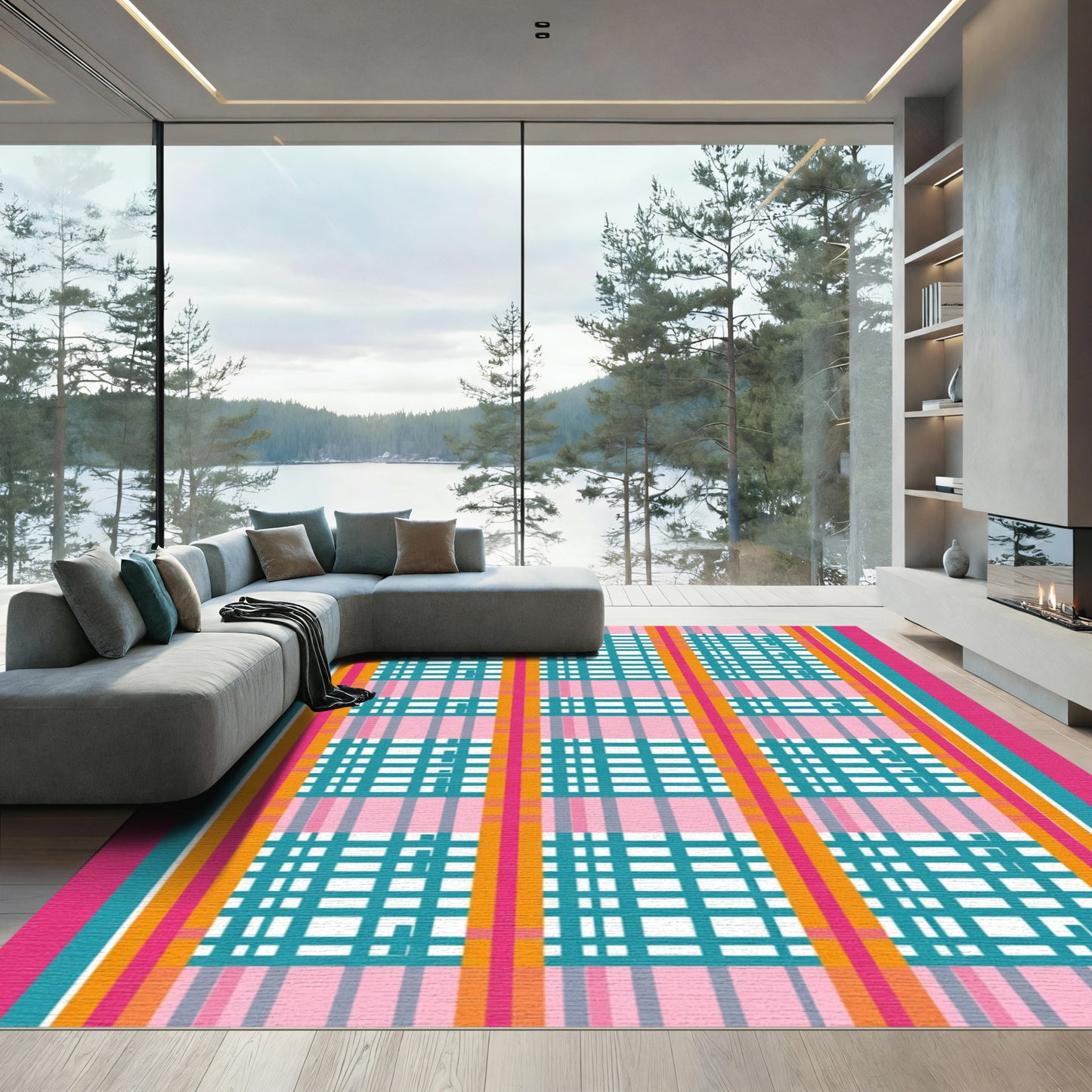 Bright Pink Teal Orange Plaid Rug