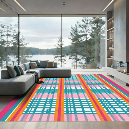 Bright Pink Teal Orange Plaid Rug