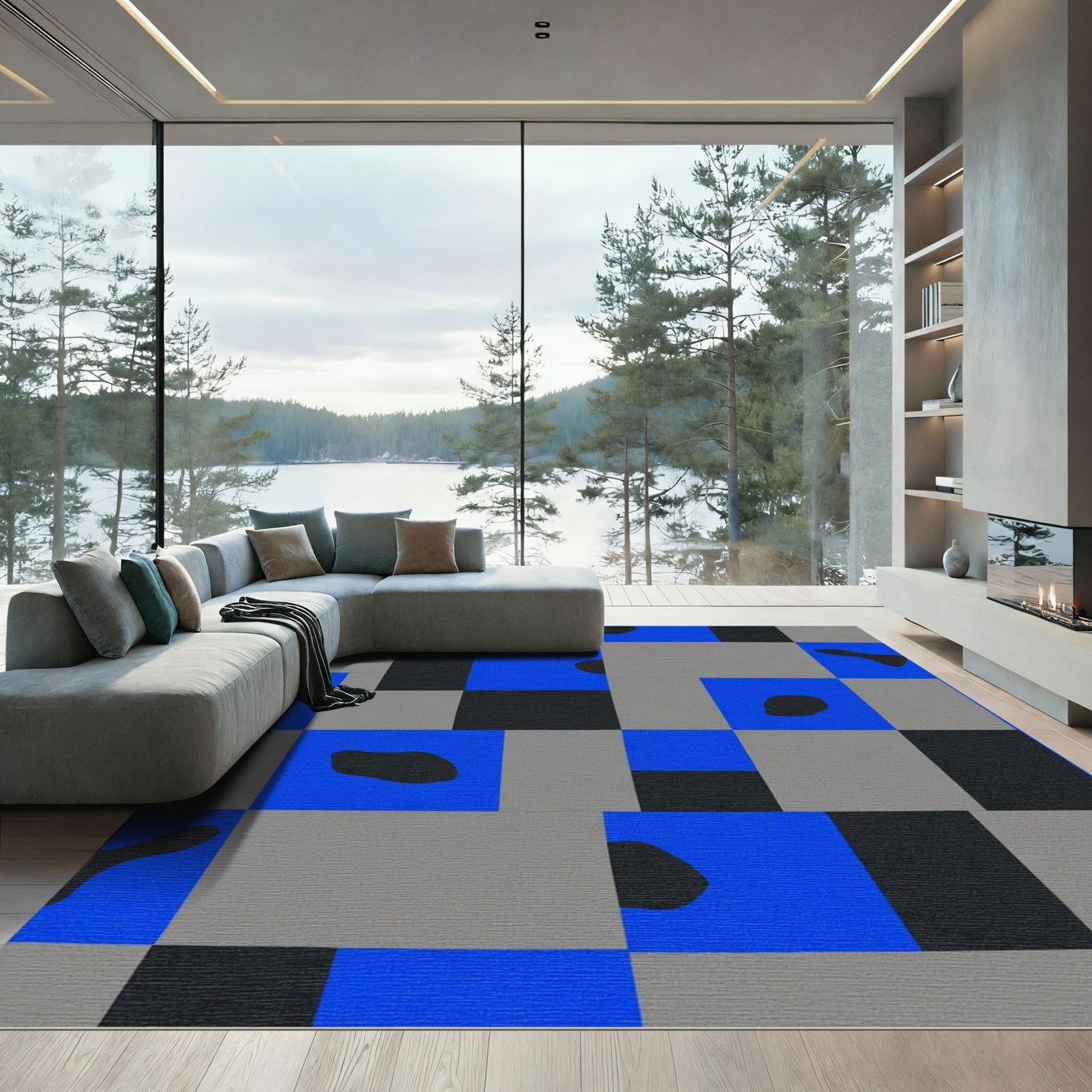 Modern Abstract Blue and Gray Squares Rug