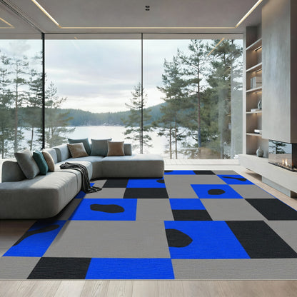 Modern Abstract Blue and Gray Squares Rug