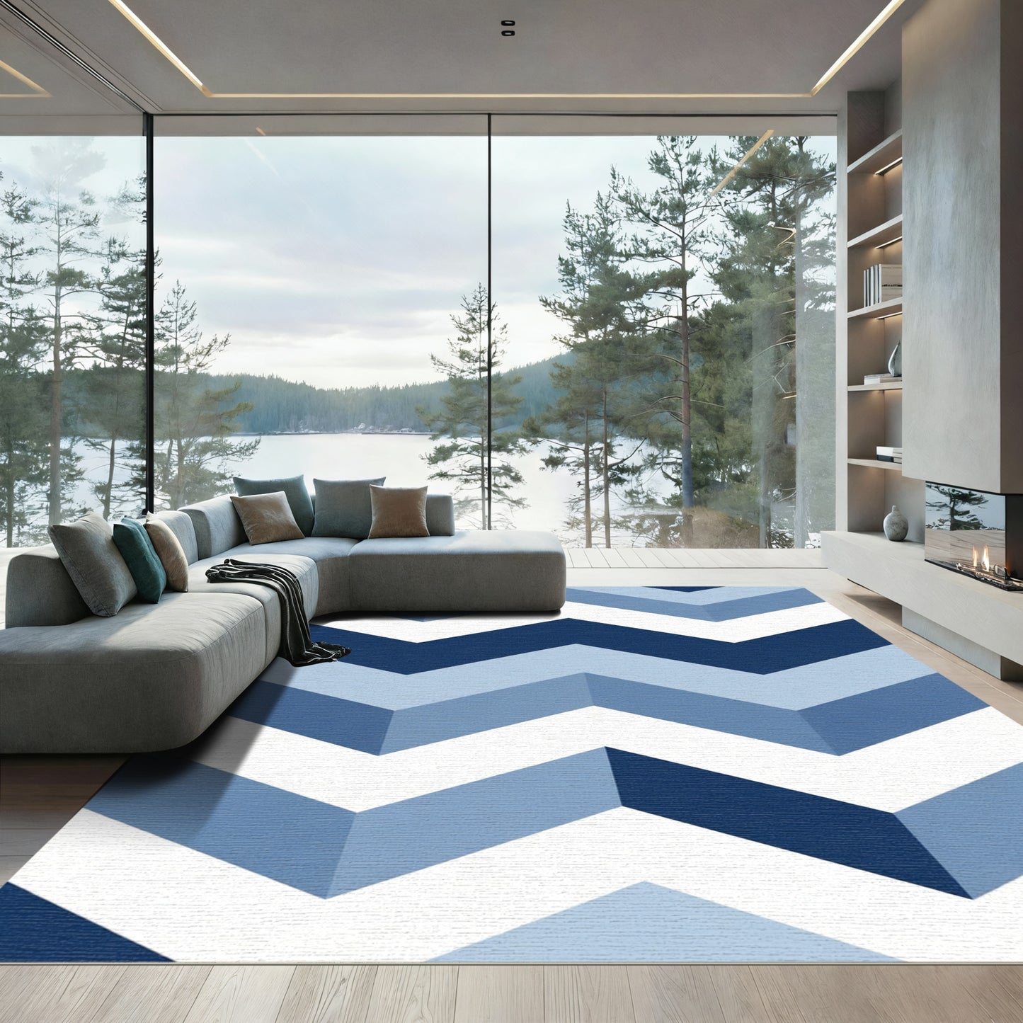 Blue Navy White Chevron Zigzag Rug