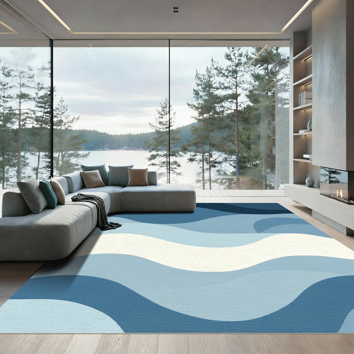 Deep Blue Layered Wave Abstract Rug