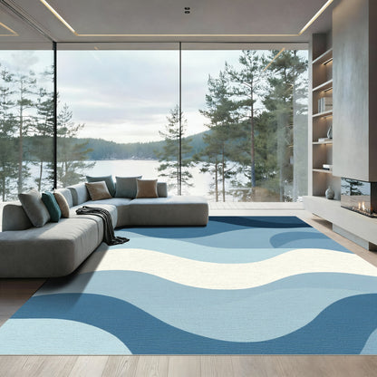 Deep Blue Layered Wave Abstract Rug