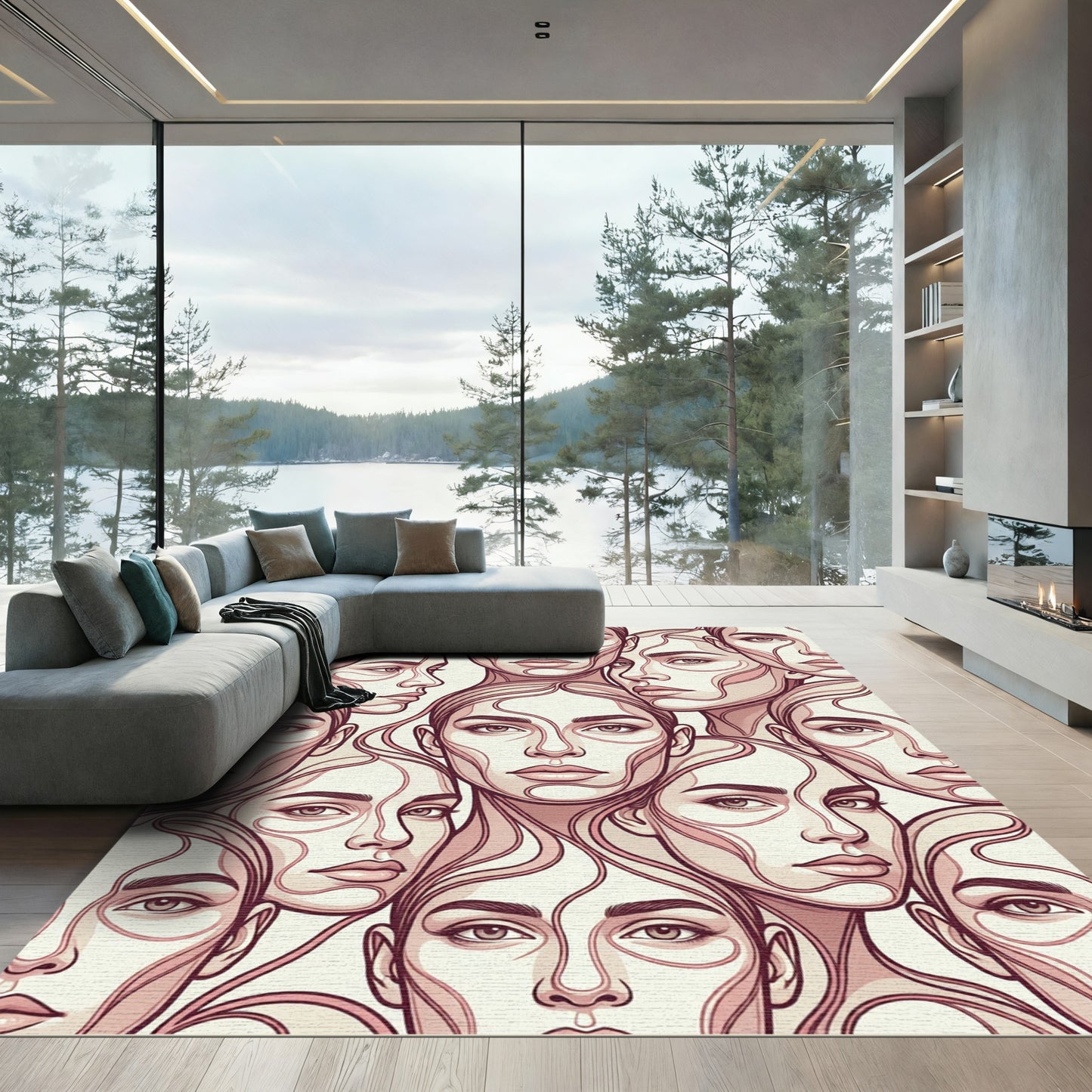 Minimalist Pink Line Art Faces Rug