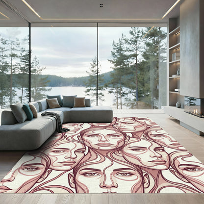 Minimalist Pink Line Art Faces Rug