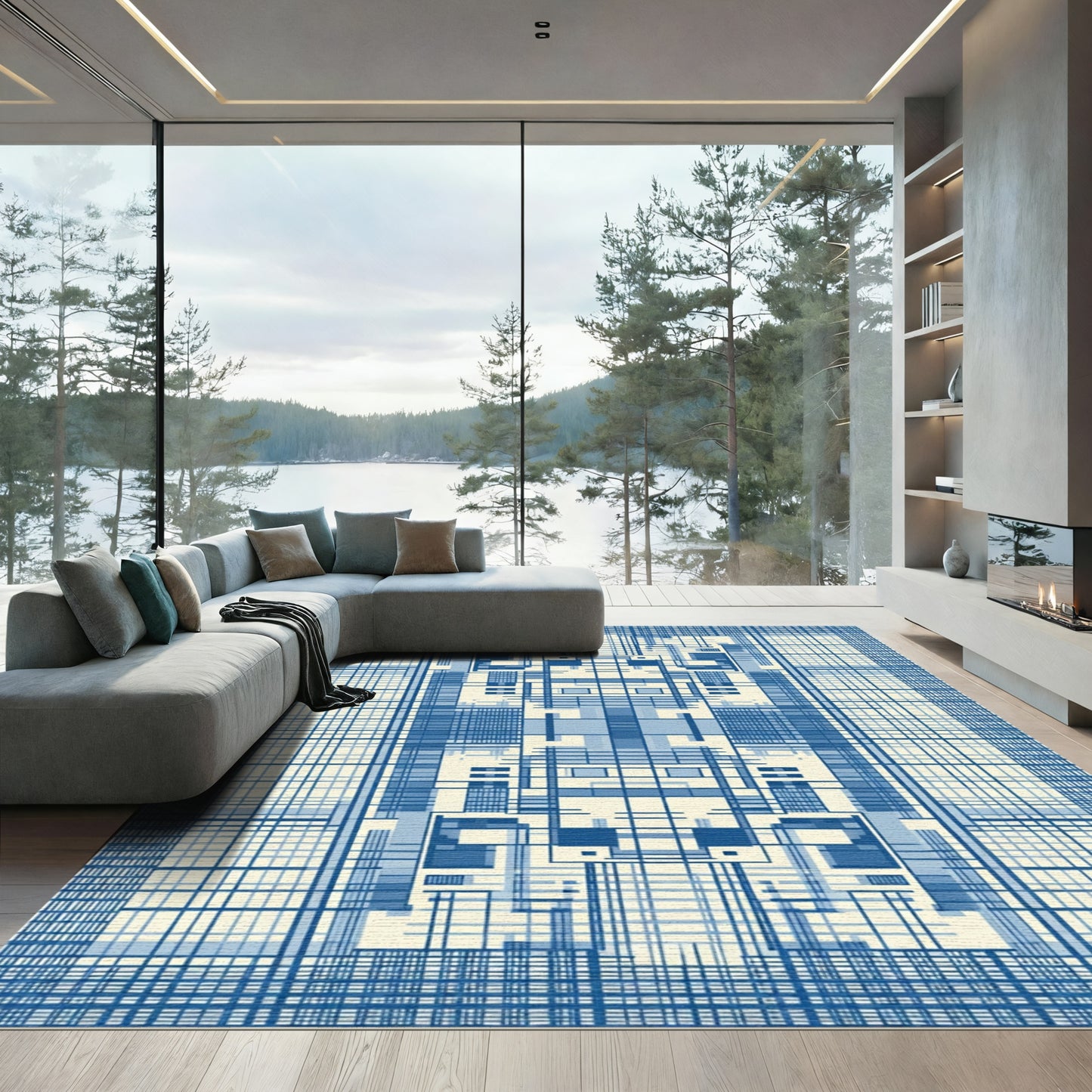 Blue Tonal Geometric Grid Architecture Rug