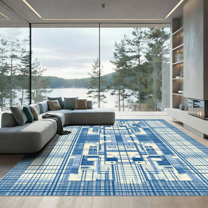 Blue Tonal Geometric Grid Architecture Rug