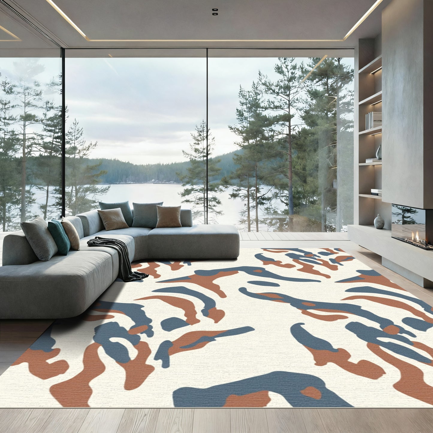Camouflage Cream Blue Brown Abstract Shapes Rug