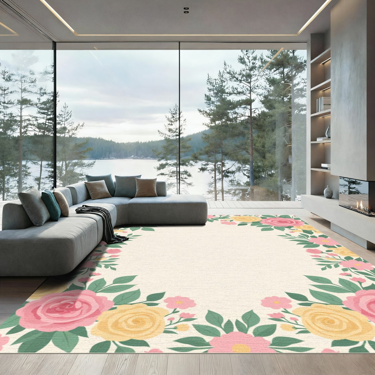 Pink Yellow Floral Wreath Accent Rug