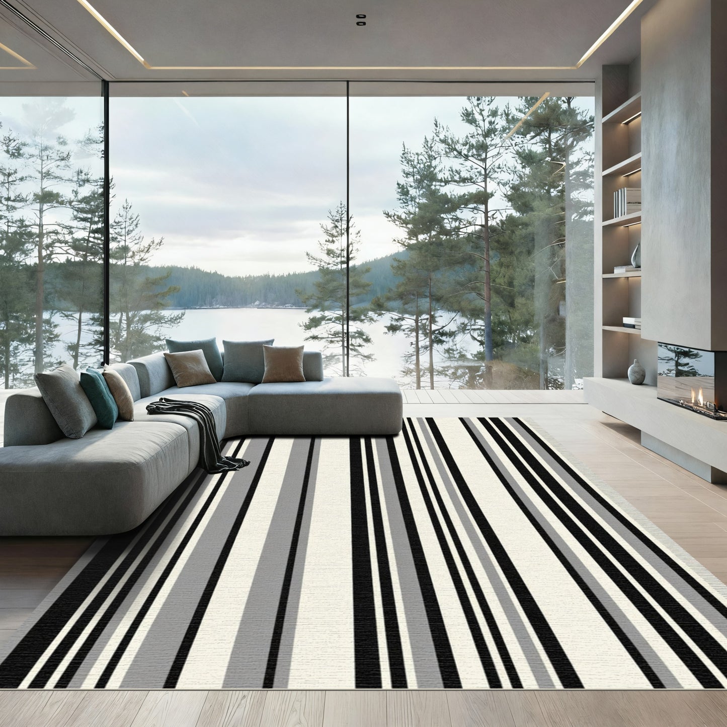 Chic Black White Gray Stripe Rug