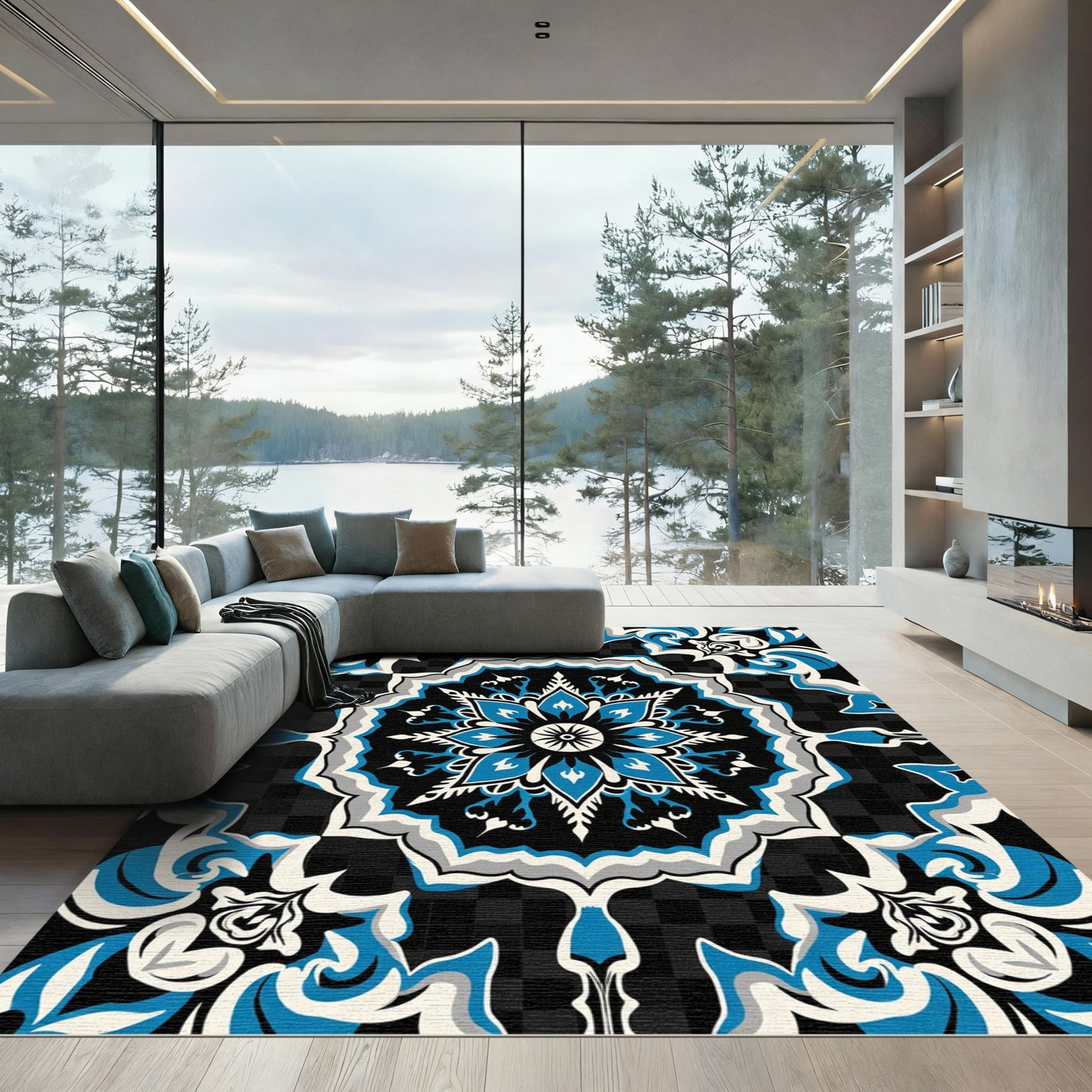 Bold Royal Blue Floral Mandala Rug