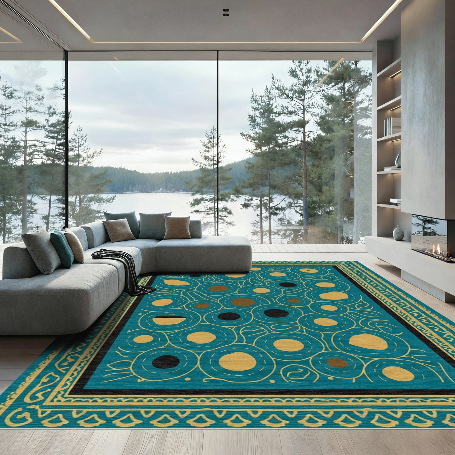 Teal Gold Contemporary Circle Cluster Rug