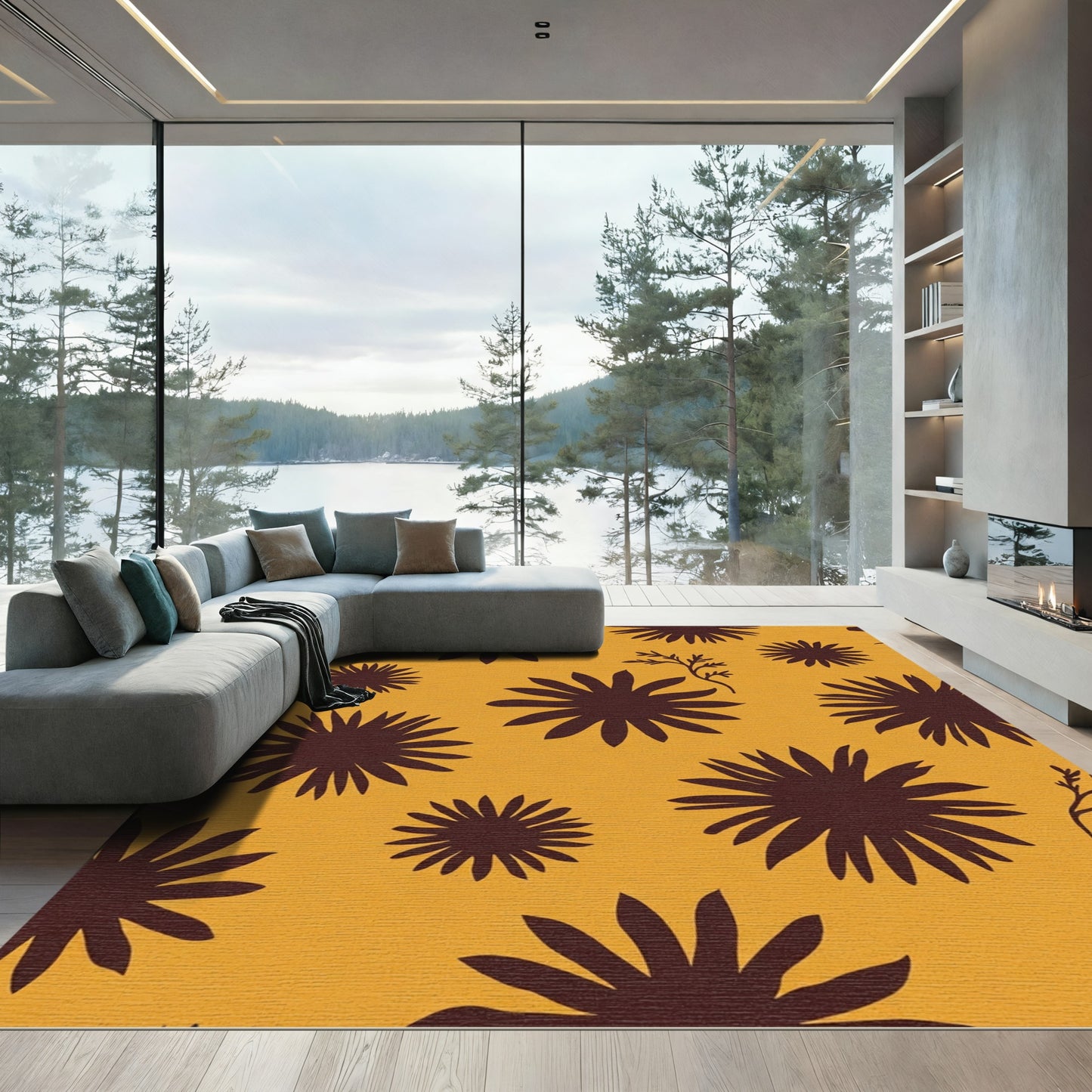 Golden Brown Starburst Floral Arrangement Rug