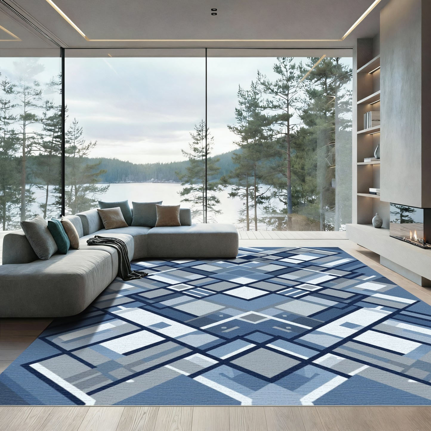 Diamond Mosaic Blue Geometric Overlap Rug